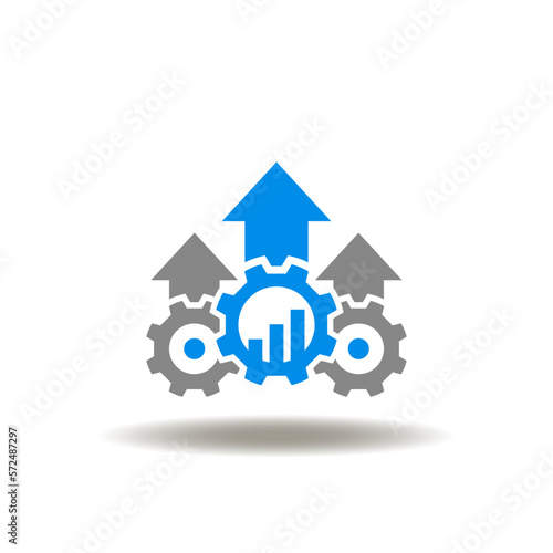 Vector illustration of gears mechanism with arrows up and growth graph. Icon of financial operations. Symbol of finance growth analysys. Sign of efficiency achieve and management.