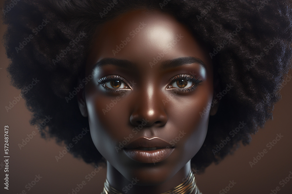 Fictitious afro model with chocolate color skin and puff hair style. AI generated image Fictitious afro model with chocolate color skin and puff hair style. AI generated image