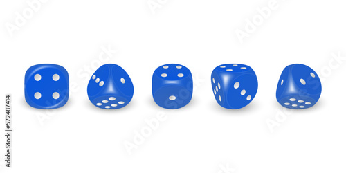 Vector 3d Realistic Blue Game Dice with White Dots Icon Set Closeup Isolated on White Background. Game Cubes for Gambling in Different Positions  Casino Dices  Round Edges