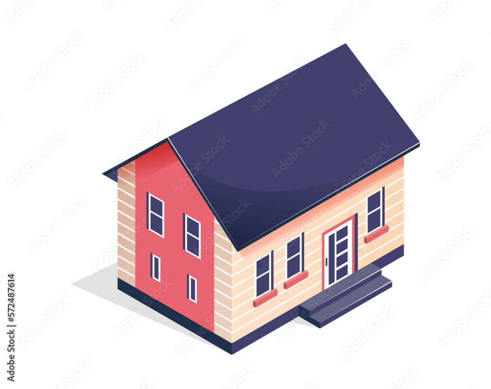 Isometric house concept. Exterior and facade, urban architecture. Real estate and private property. Wooden building with black triangular roof. Cottage and home. Cartoon 3D vector illustration