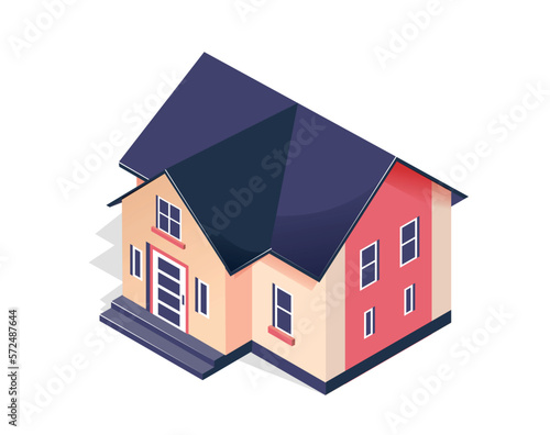 Isometric house concept. Large building, private property and real estate. Urban architecture, exterior and facade. Model for constructor, single object. Cartoon 3D vector illustration