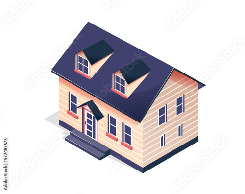 Isometric house concept. Urban architecture and facade, exterior. Graphic element for website. Template, layout and mock up. Private home model, real estate. Cartoon 3D vector illustration