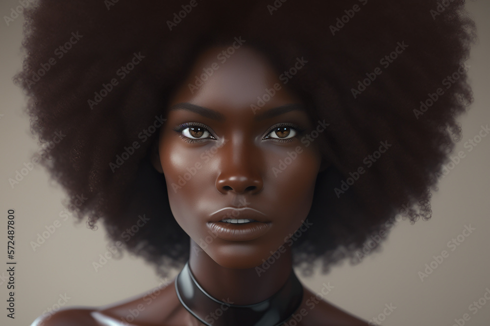 Fictitious afro model with chocolate color skin and puff hair style. AI generated image