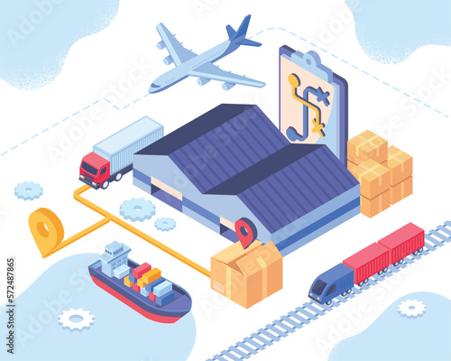 Isometric logistic concept. Ship, truck, train and plane going to warehouse with containers. Transportation of goods and home delivery, online shopping. Map with route. Cartoon 3D vector illustration photo