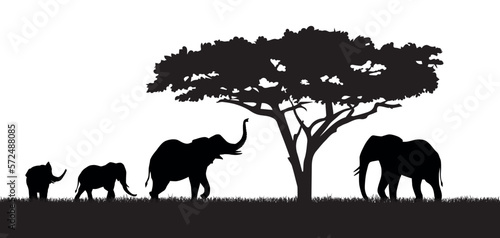 Silhouette of elephants and tree. African savannah and animals in jungle near tree. Minimalistic creativity and art. Parents and children  wild life and fauna. Cartoon flat vector illustration