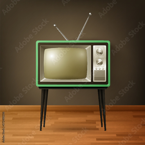 Vector 3d Realistic Retro TV Receiver on Wooden Floor. Home Interior Design Concept. Vintage TV Set, Television, Front View