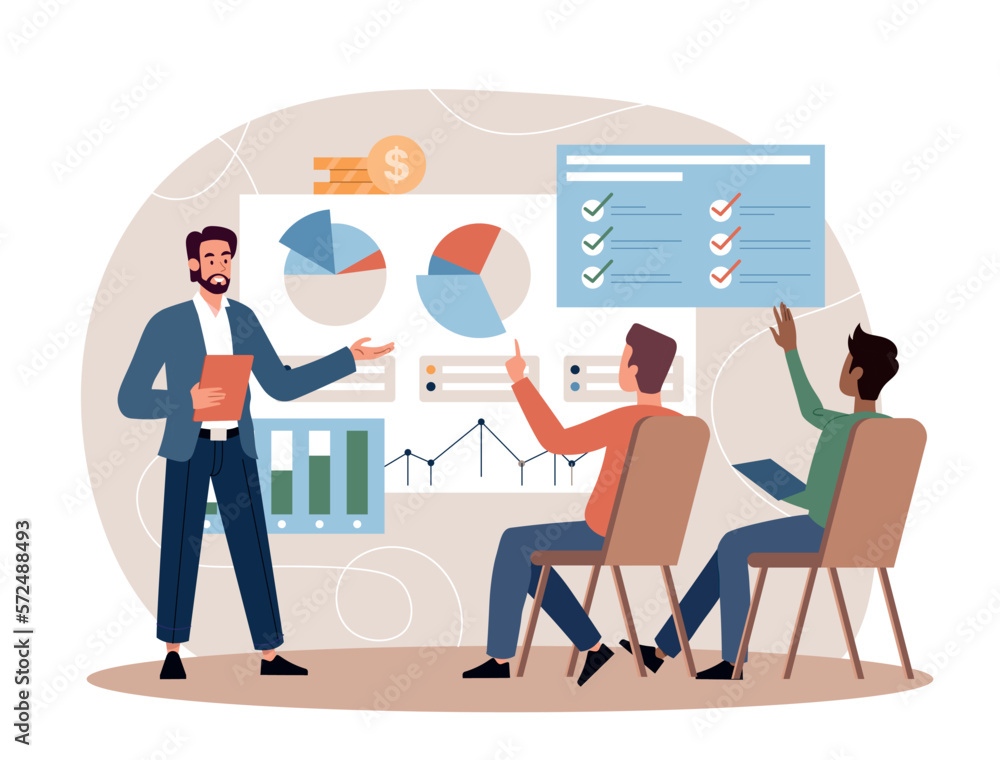 Business meeting concept. Men look at graphs, diagrams and charts, work with statistics. Presentation and analysis, research. Infographics and financial report. Cartoon flat vector illustration Business meeting concept. Men look at graphs, diagrams and charts, work with statistics. Presentation and analysis, research. Infographics and financial report. Cartoon flat vector illustration