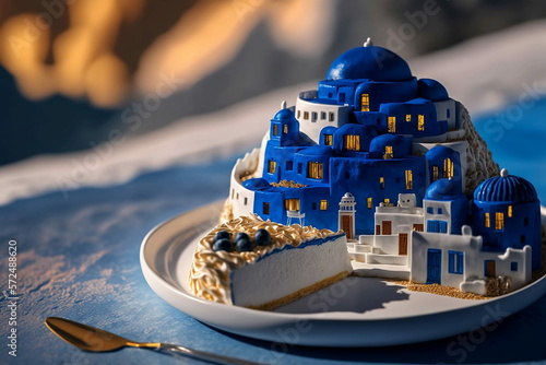 Delicious and Tasty Greece Cake Art, that is Yummy Appetizing Food Photography Art, and Greek Architecture Landscape Food, generative AI