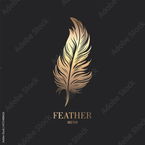 Vector Fluffy Golden Color Feather Logo Icon, Silhouette Feather Closeup Isolated. Design Template of Flamingo, Angel, Bird Feather. Lightness, Freedom Concept
