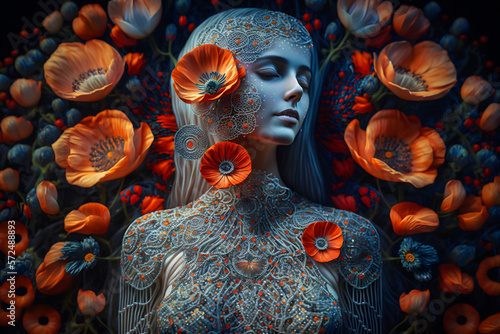 A fantasy portrait of ancient Roman goddess Venus with red poppies. Neural network AI generated art