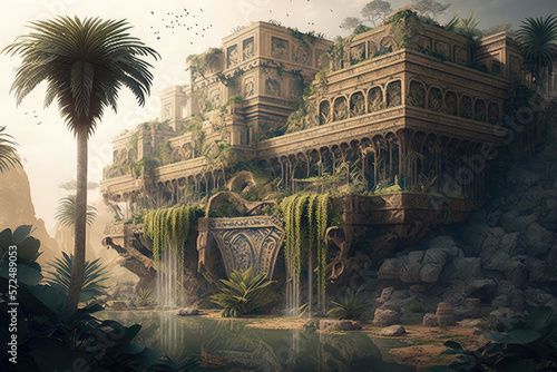 Photographie The Hanging Gardens of Babylon: Another wonder of the ancient world, the Hanging Gardens were a series of terraced gardens built in Babylon (present-day Iraq) around the 6th century BCE