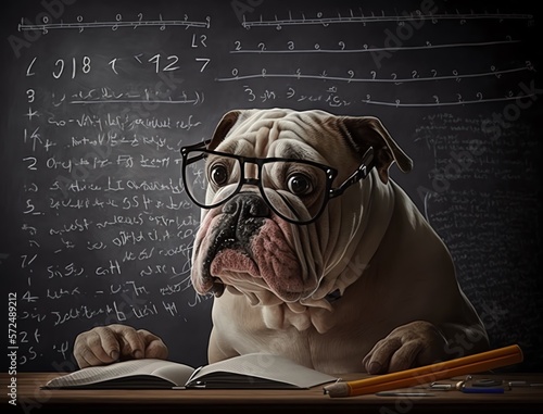 english bulldog puppy reading book, in a classroom, generative ai