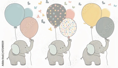 Cute elephants holding birthday balloons, clipart, illustration,  generative ai