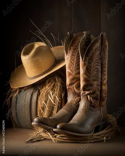 Cowboy boot next to a cowboy hat, generative ai