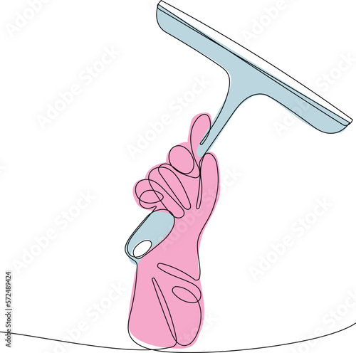 Continuous one line drawing of hand doing chores with disinfectant spray and microfiber cloth at home concept of disinfection. Easy to place your text and brand logo. Vector illustration
