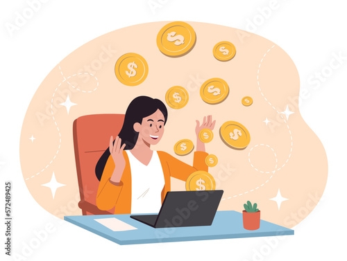 Earnings on Internet. Young girl sits with gold coins in front of laptop. Financial literacy and passive income. Character won lottery, casino, received prize. Cartoon flat vector illustration