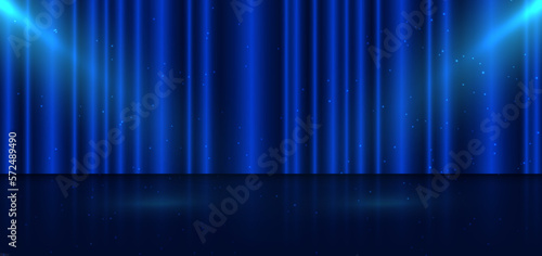 Stage dark blue platform with spotlight and blue curtain scence. Elegant luxury entertainment and empty floor against.