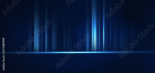 Abstract technology futuristic light blue stripe vertical lines light on dark blue background with line lighting effect.