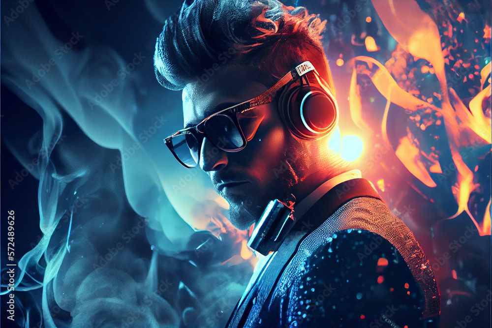 DJ with headphones at night club party under the blue light and smoke in night club. High quality ai generated illustration. Portrait of confident young DJ with headphones.