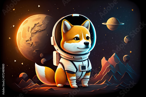 Shiba Inu to the moon, astronaut shiba inu in space, SHIB cryptocurrency token, shiba inu dog, created with Generative AI photo