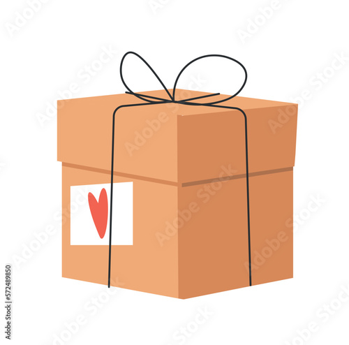 Gift box concept. Present or surprise in brown wrapping paper with red heart. Advertising and marketing, sales. Holiday and festival, birthday party or Valentines day. Cartoon flat vector illustration