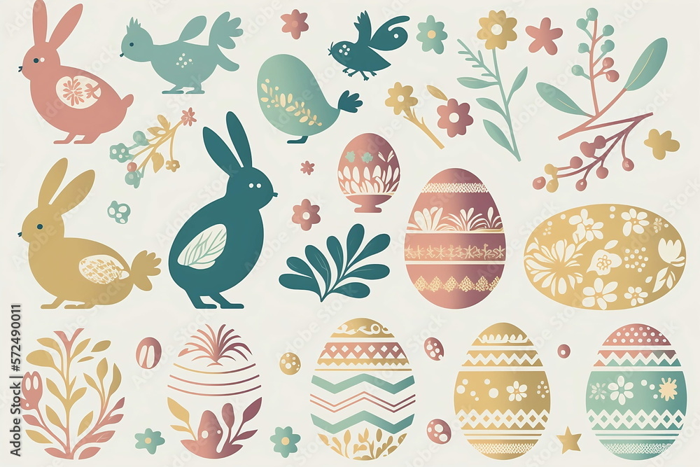 Easter Illustrations on a white background with Eggs, Bunny background, and Flower design graphics, Generative AI
Easter Illustrations on a white background with Eggs, Bunny background, and Flower design graphics, Generative AI