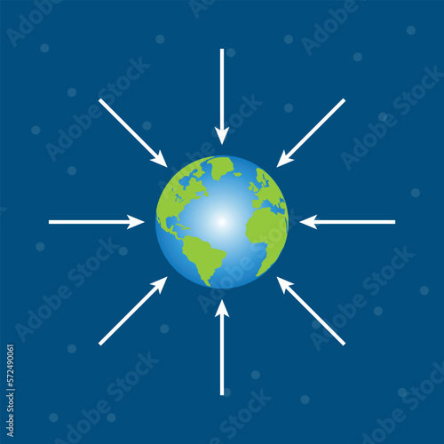 Gravitational field of earth diagram. Vector illustration isolated on blue background.