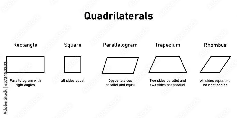 Types of quadrilaterals shapes in geometry. Rectangle, square