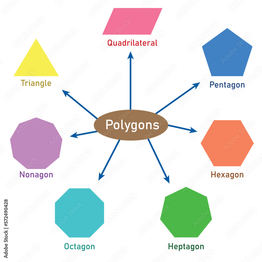 Types of regular polygons. Triangle, Quadrilateral, Pentagon, Hexagon