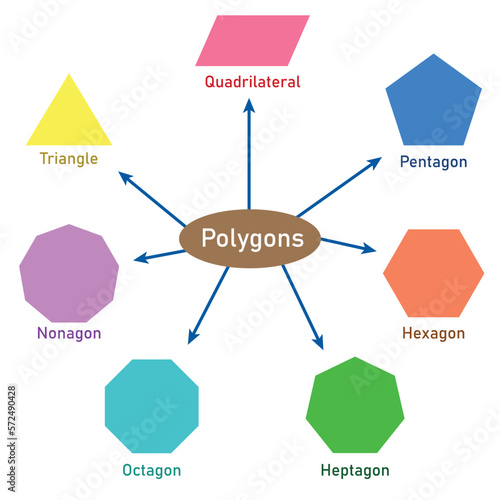 Types of regular polygons. Triangle, Quadrilateral, Pentagon, Hexagon, Heptagon, Octagon, Nonagon shapes. Vector illustration isolated on white background.