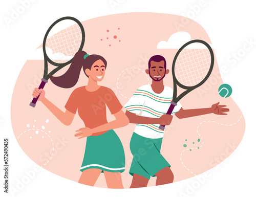 People play tennis. Man and woman with rackets hit ball, active lifestyle and sport. Fun and game, competition and tournament. Training and exercise concept. Cartoon flat vector illustration