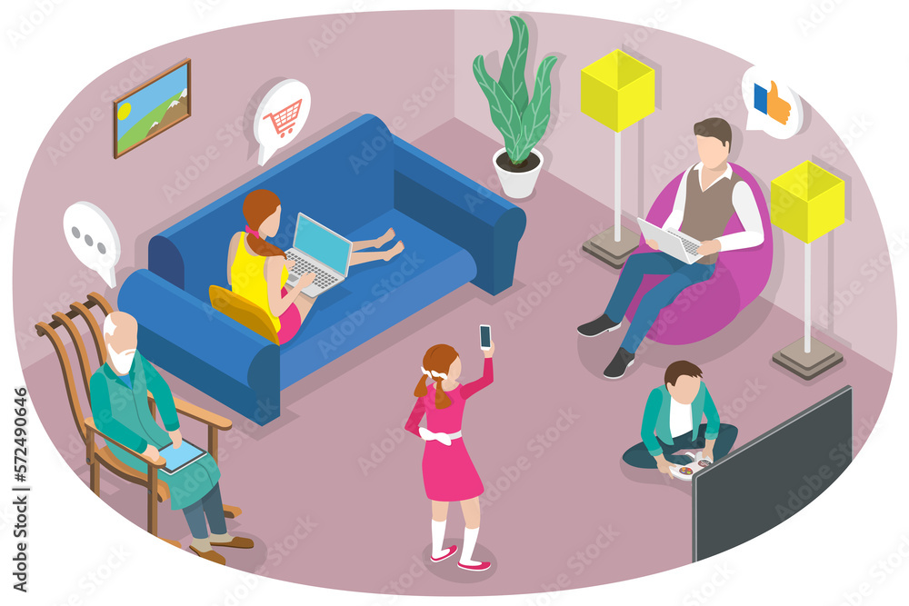 3D Isometric Flat Conceptual Illustration of Gadget Addicted Family 3D Isometric Flat Conceptual Illustration of Gadget Addicted Family