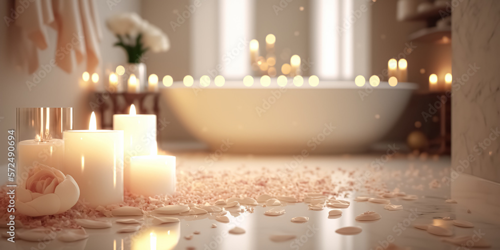 White stone bath in modern bathroom with rose petals and candles