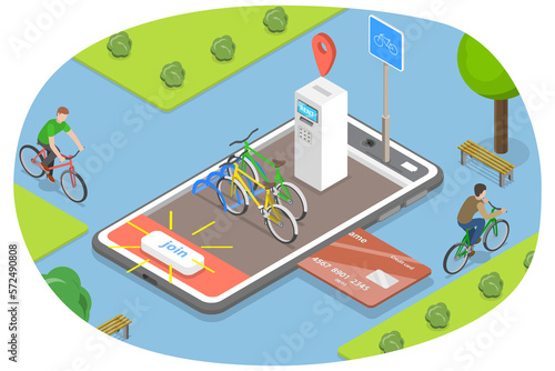 3D Isometric Flat  Conceptual Illustration of Bike Rental