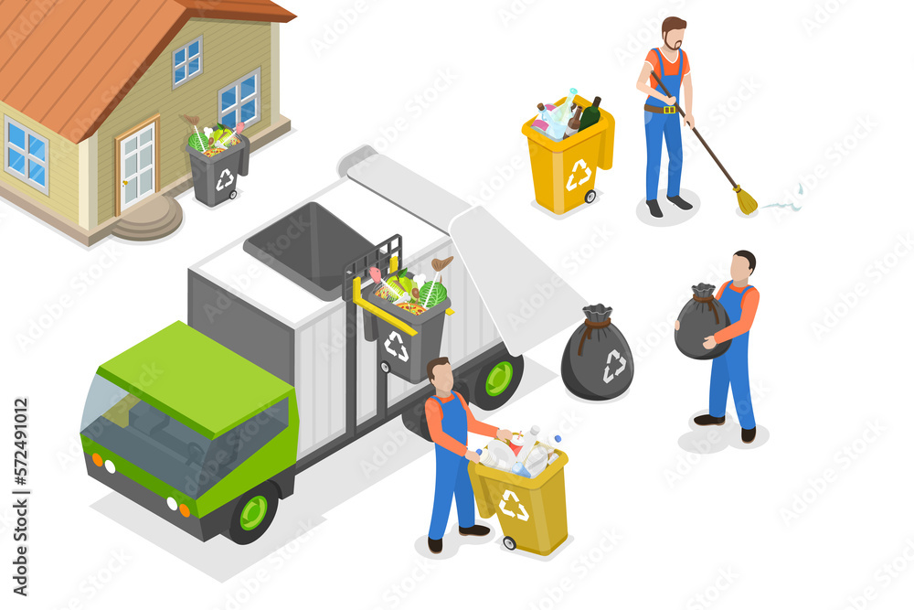 3D Isometric Flat Conceptual Illustration of Trash Pickup Services 3D Isometric Flat Conceptual Illustration of Trash Pickup Services