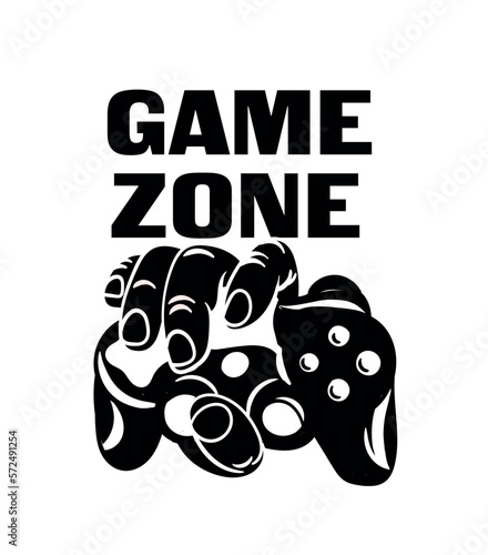 Game logo black. Logotype, emblem or badge. Silhouette of hand with controller, joystick or gamepad. Cyberspace and virtual reality, game zone. Cartoon flat vector illustration