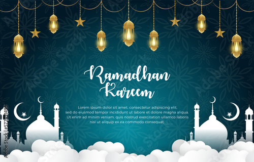 elegant ramadan kareem mubarak banner with elegant luxury shiny islamic ornament and abstract gradient green and blue background