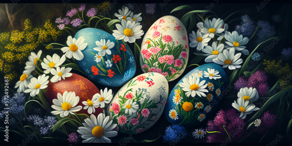 Easter eggs in a bed of flowers