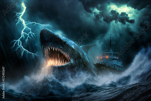 Giant shark attacking a ship. Digital art, generative ai illustration © Ruqqq