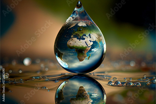 Fototapeta Naklejka Na Ścianę i Meble -  planet earth inside a drop of water. concept of ecology. save the world. generative Ai