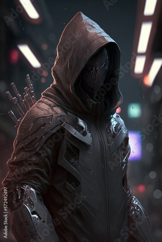 A man in a futuristic suit with a hood and mask. Generative ai concept art