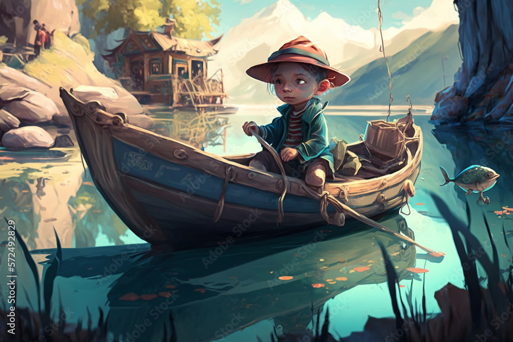 Obraz premium Beautiful child is fishing with a boat digital art style illustration painting fantasy illustration, Generative AI 