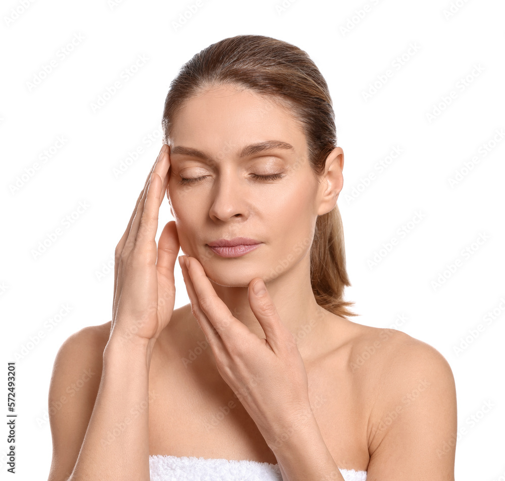 Woman massaging her face on white background Woman massaging her face on white background