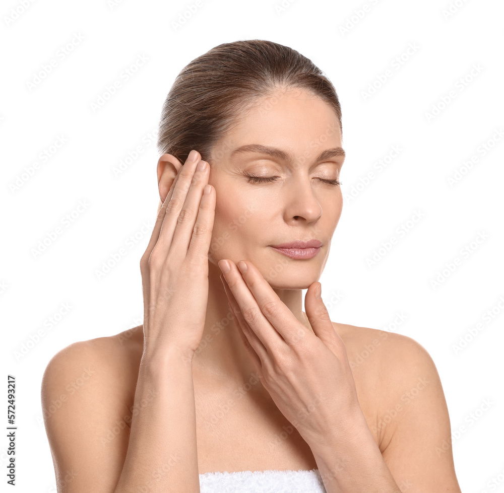 Woman massaging her face on white background Woman massaging her face on white background
