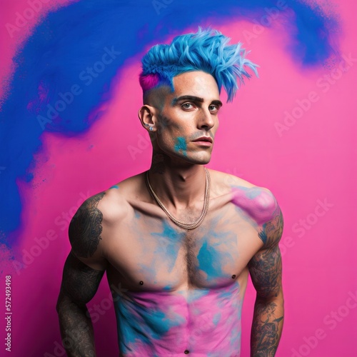 Attractive man with blue hair in front of blue and pink background, Generative Ai