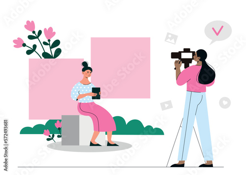 Director shooting woman. Wedding shoot, photographer and paparazzi with model, creative person at workplace.