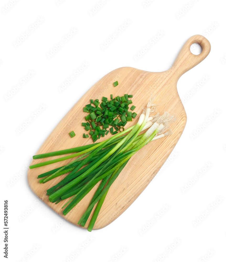 Wooden board with green spring onions on white background, top view Wooden board with green spring onions on white background, top view