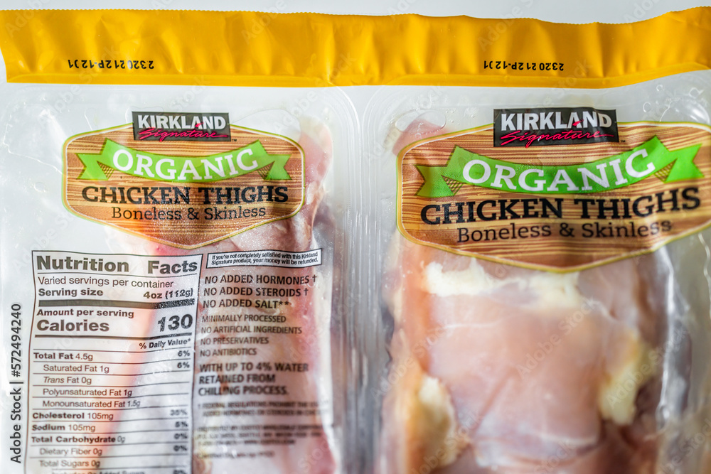 Naples, USA November 22, 2021 Closeup of bulk organic chicken thighs