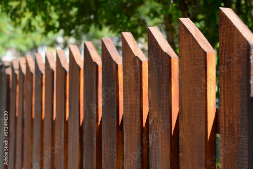 Wooden fence on sunny day outdoors, closeup