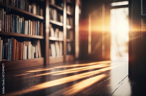 The golden morning sun shone through the interior of the library with bookshelf scenes and brown wooden floors. AI-generated images